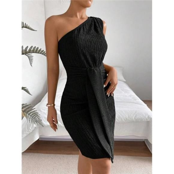 One Shoulder Front Tie Bodycon Dress- Black - Picture 5 of 5